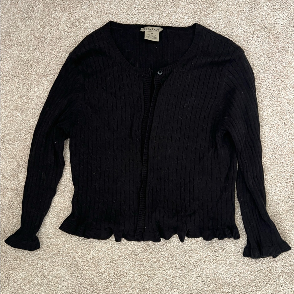 Black Cable-Knit Ruffle-Trim Cardigan